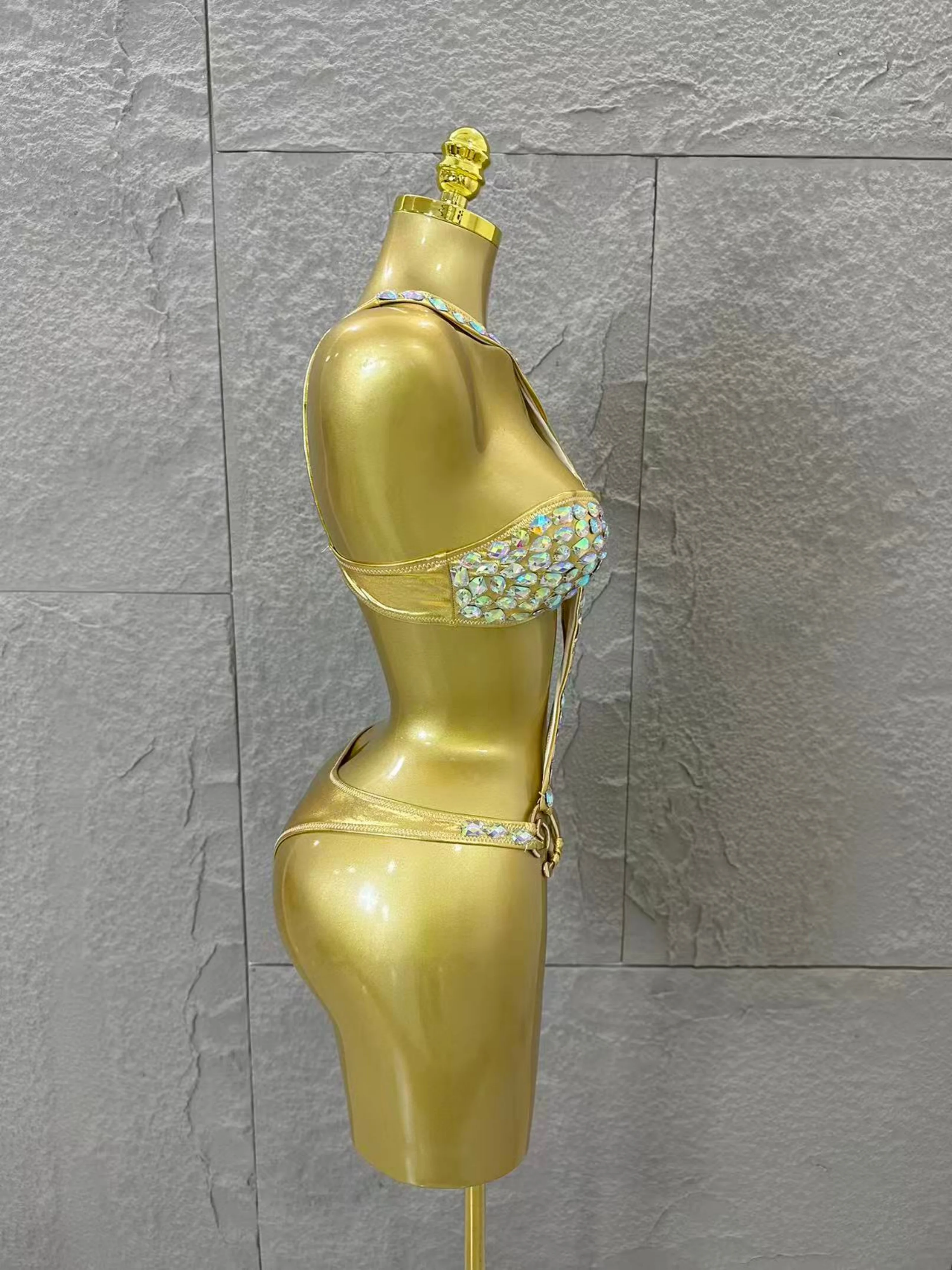Gold Luxurious Black Bodysuit Women Sexy Halter Neck Iridescent Crystal Embellished Cutout Outfit Stage Performance Costume view 5