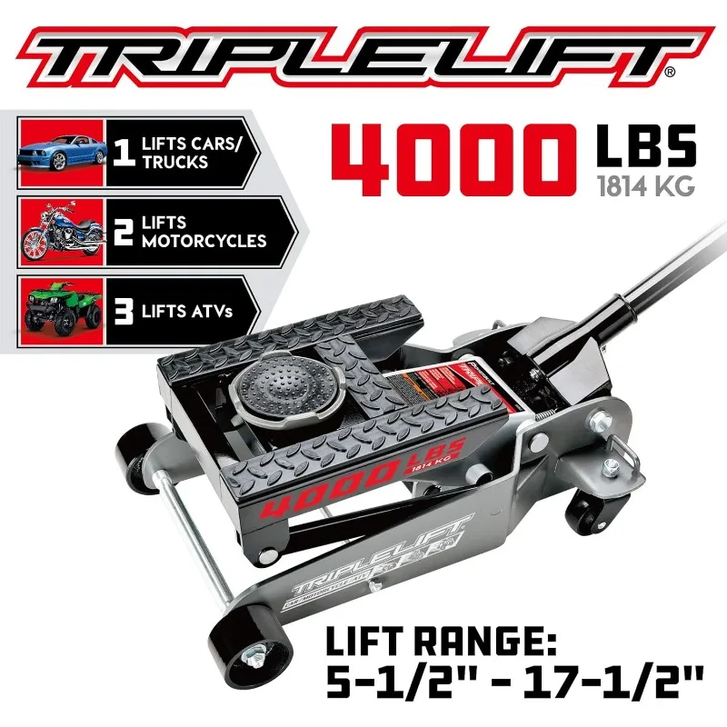 Triple Lift Floor Jack, Lifts Cars, Trucks, Motorcycles, ATV's, Transmissions, Tie-Down Loops, Locking Safety Bar - 620422E