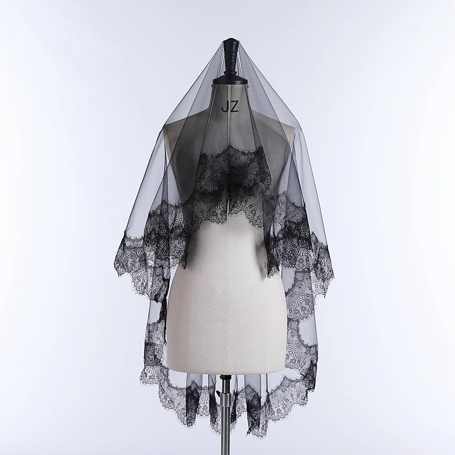 New Arrival Bride Veils One-Layer Women Girl Black Mantilla Wedding Veil Lace Trim Halloween Cosplay Costume Bride Boda 2024