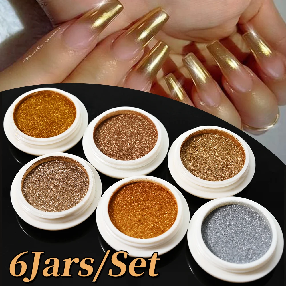 6 Potten Goud Serie Metallic Magische Spiegel Poeder Y2K Glitter Metallic Wrijven Stof Pigment Nail Art Supplies voor DIY Manicure Deco