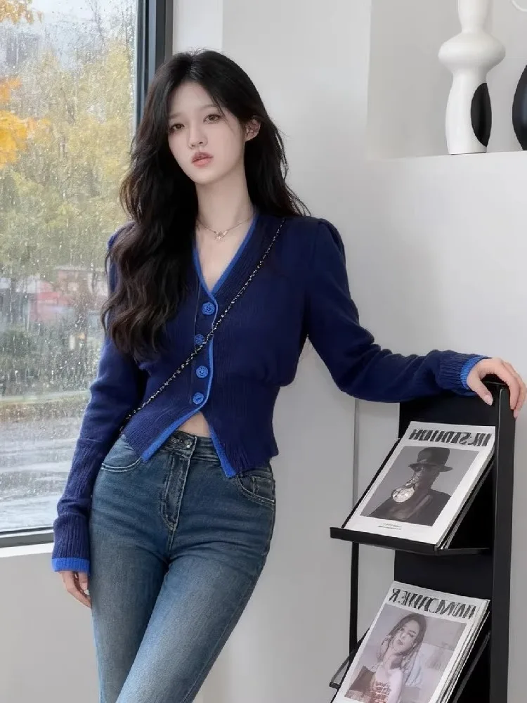 

French Sle V-Ne Long Sve Knitted Cardigan Women's Slim Fit ort Coat Autumn Winter Faionable Outerwear