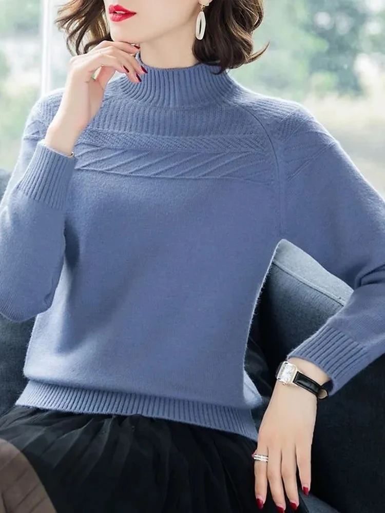 Loose Long Sleeve Knitted Sweater Women's Fashionable Layering Half High Collar  Color Korean Style Base Knitwear