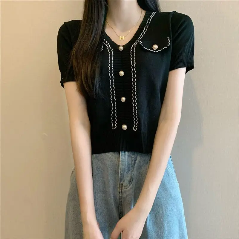 2024 Summer New Women\'s Thin Sweater Fashion Commute Spliced Striped Button All-match V-neck Short Sleeve Slim Chic Knitted Tops