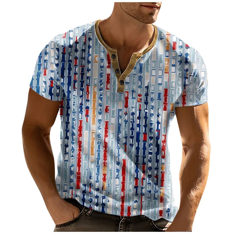 Retro Textured Plaid Three-dimensional Printing T-shirt Men's V-neck Buttons Short-sleeved Fashion Street Beat Pullover Man Tops