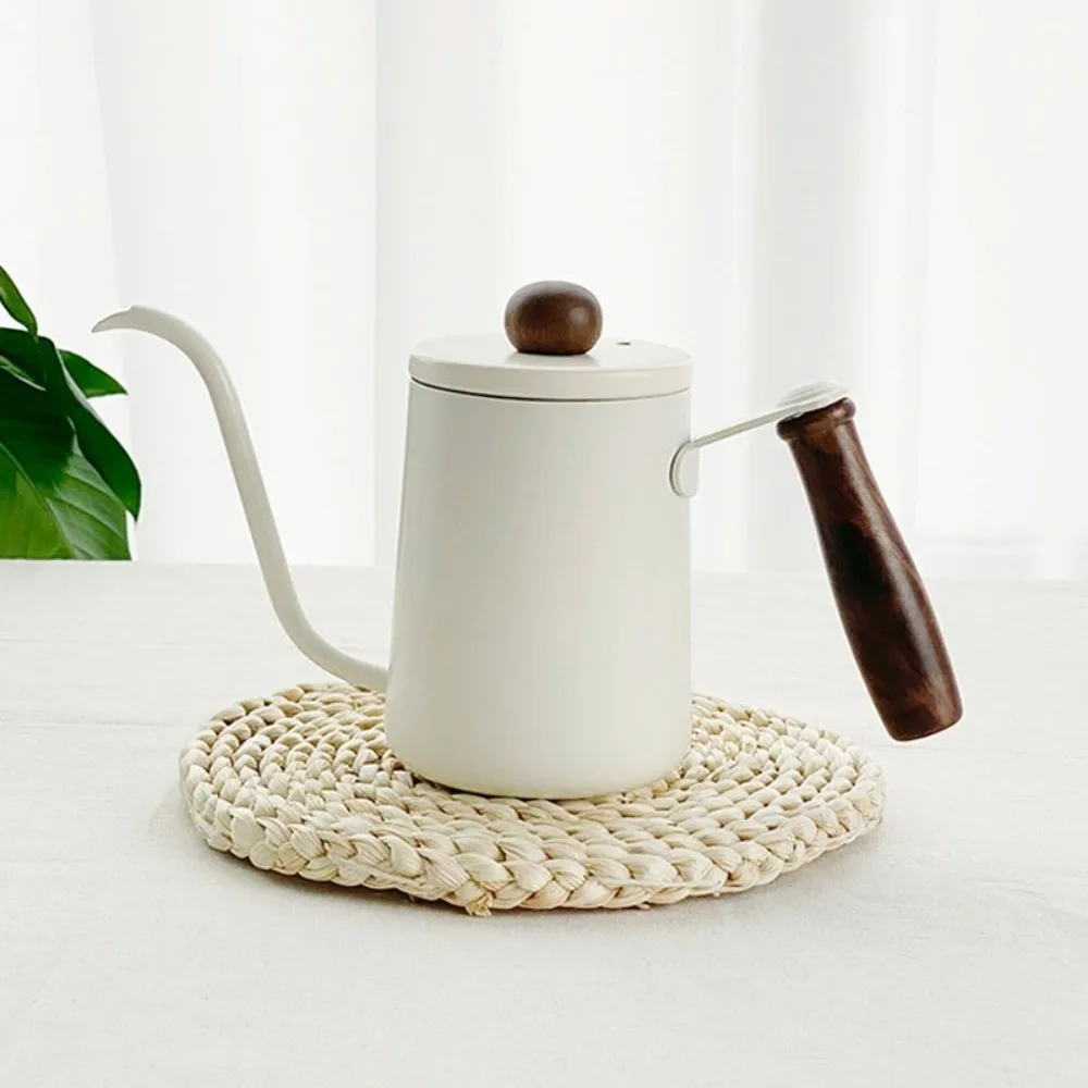 

304 Stainless Steel Hand Brewed Coffee Pot Solid Wood Handle 600ml Capacity Gooseneck Spout Kettle with Scale Thin Mouth