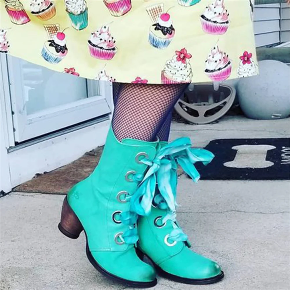 ยุคกลางRetroฮาโลวีนสไตล์อังกฤษLace-Upกลางส้นรองเท้าสตรีPuหนังข้อเท้ารองเท้าKnight Nobleบทบาทเล่นรองเท้าใหม่