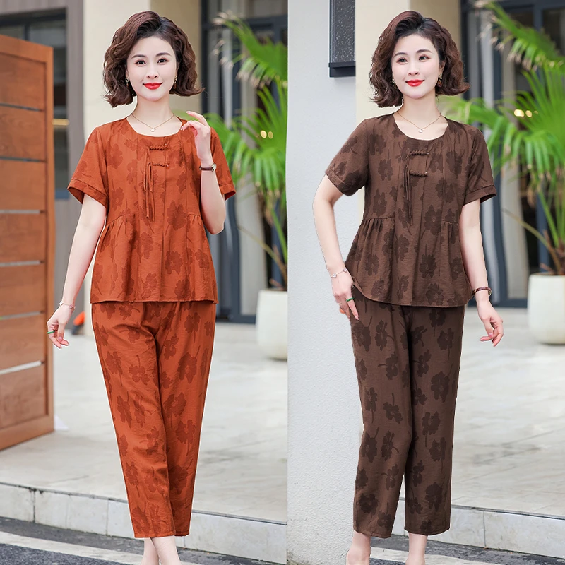 ผู้หญิงเสื้อ + กางเกงชุดพิมพ์เสื้อผ้าผู้หญิงฤดูร้อนยายวัยกลางคนเครื่องแต่งกาย 2 ชิ้นชุด