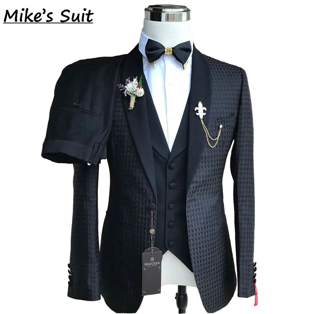 黒のワッフルジャカード織りウェディングスーツ、新郎用フォーマルタキシード、メンズスーツ3点セット（ブレザー、ベスト、パンツ）、トラヘ・デ・ノビオ