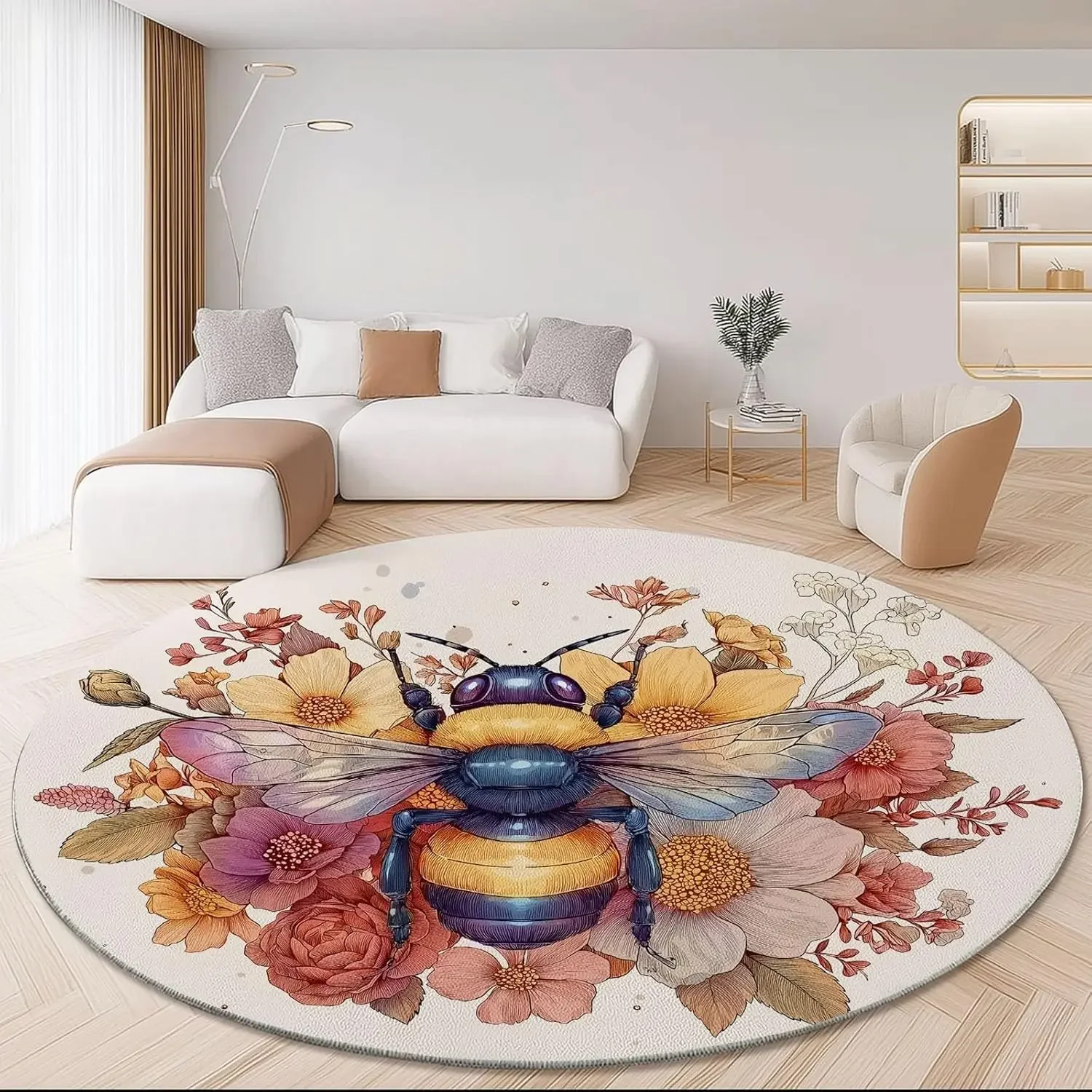 

Soft Washable Round Rug – Watercolor Floral Non-Slip Mat for Bedroom, Living Room & Entryway