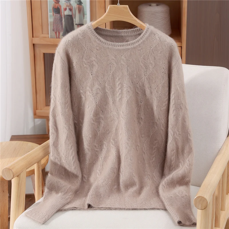 세련된 오 넥 할로우 아웃 스웨터 여성용 풀오버 기본 부드럽고 따뜻한 100% 밍크 캐시미어 퓨어 컬러 캐주얼 루즈 가을 겨울상의