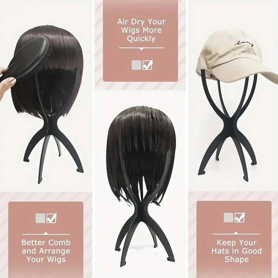 3 Pack 13.8IN Portable Collapsible Wig Stand Holder for Multiple Wigs Black And Pink Durable Wig Stands for Women image 4