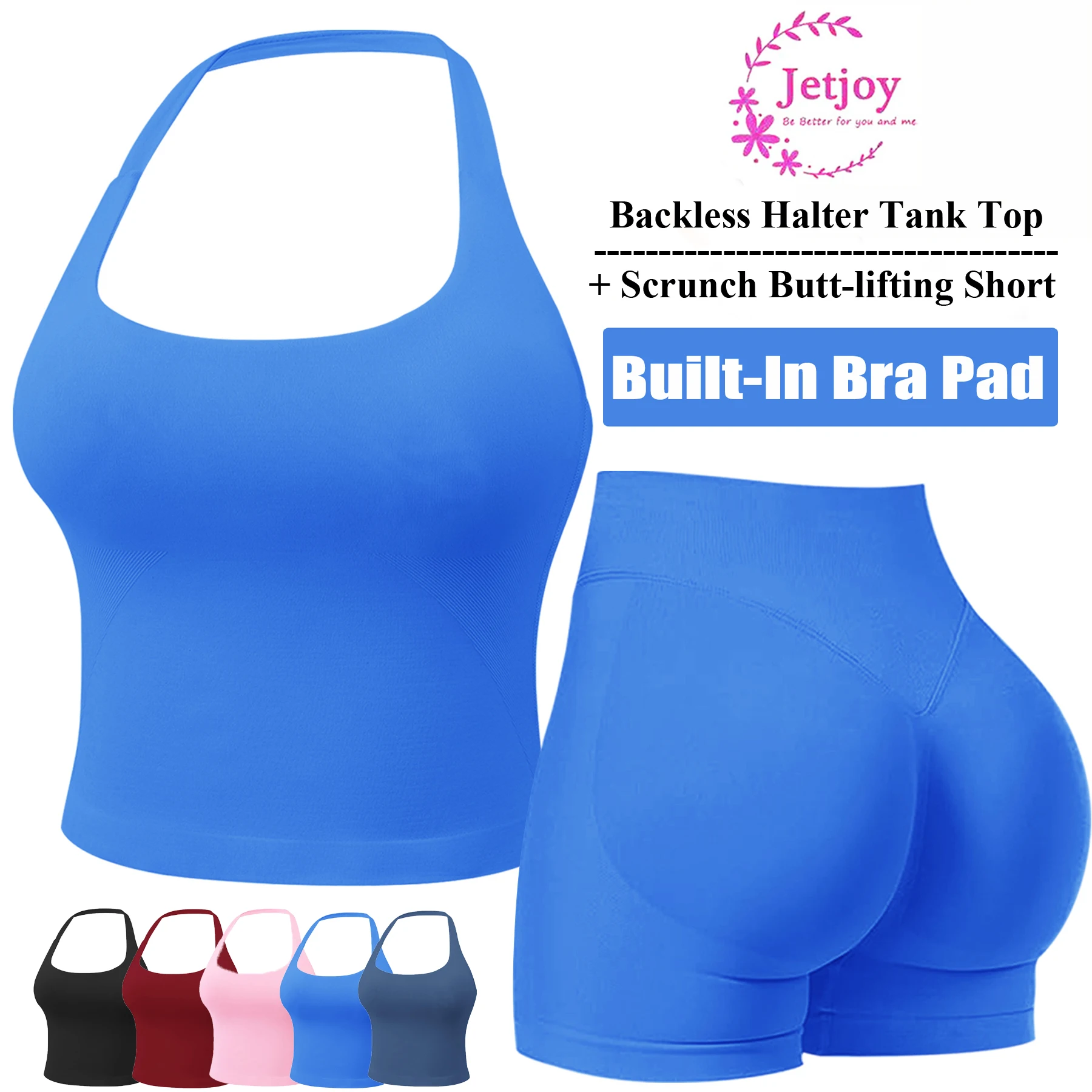 Workout Sets for Women 2 Pieces,  Strappy Top Women's Halter Workout Tank Tops+Scrunch Butt Lifting Booty Gym Yoga Biker Shorts