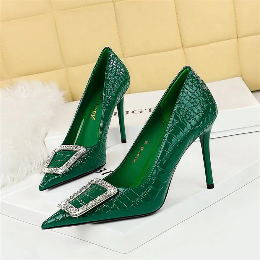 Women's Shoes Slim Ultra-High Heels Shallow Mouthed Pointed Patent Leather Snake Pattern Rhinestone Buckle Single Shoes