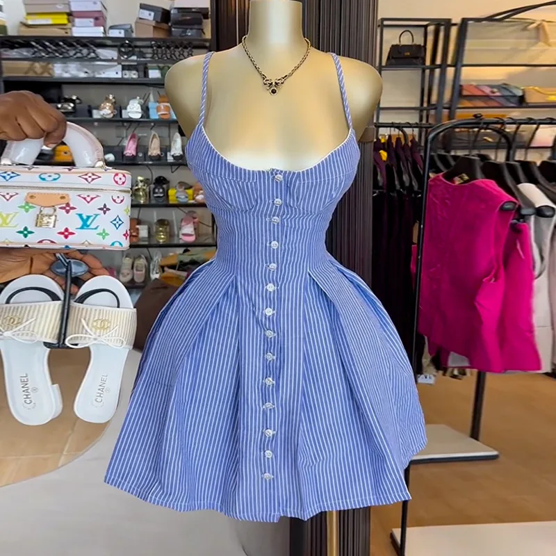 

Mini Dress Women Striped Dresses A Line Sling Vestidos Streetwear V Neck Sleeveless Elegant Bodycon Y2k High Waist Summer 2025