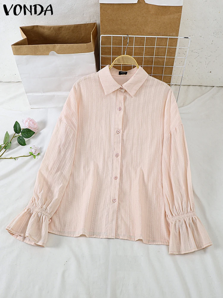 Vonda Vrouwen Shirts 2024 Casual Effen Kleur Lange Mouw Blouse Katoen Linnen Tuniek Casual Losse Revers Kraag Eenvoudige Tops Oversized