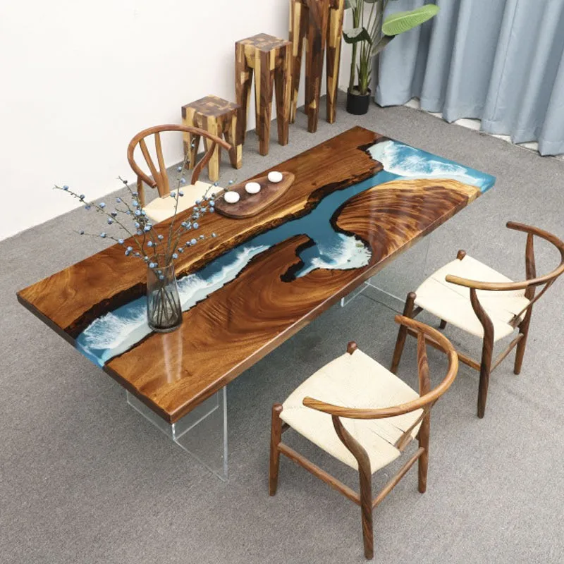 custom.Glamorous Vintage Art Deco Resin Table with Glass Inlay Epoxy Surface