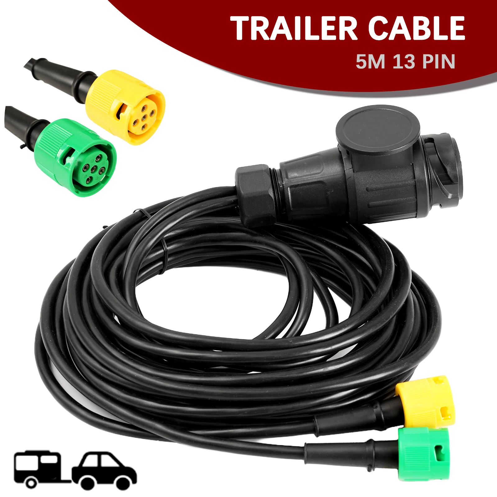 Trailer Light Wire Cable 5 m Plug 13-Pin and 2x Plug 5-Pin Wiring Harness with Bayonet Plug for Trailer Lighting Rear Lights