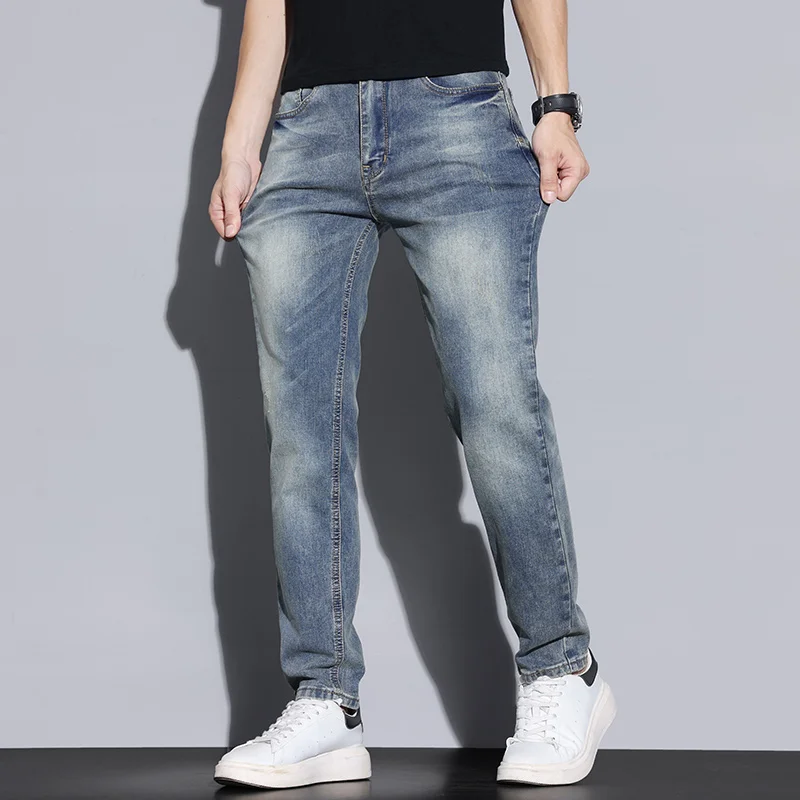 ฤดูใบไม้ร่วงผู้ชาย Vintage Nostalgic Casual กางเกงยีนส์สีฟ้าสีเทาแฟชั่นยืดตรงสบายกางเกงยีนส์แบรนด์เสื้อผ้าชาย