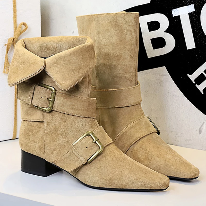 

2026 3CM New Women Western boot Retro Mid-Calf Boots Square head belt buckle Women Boots Suede Thick Heel Autumn Boots