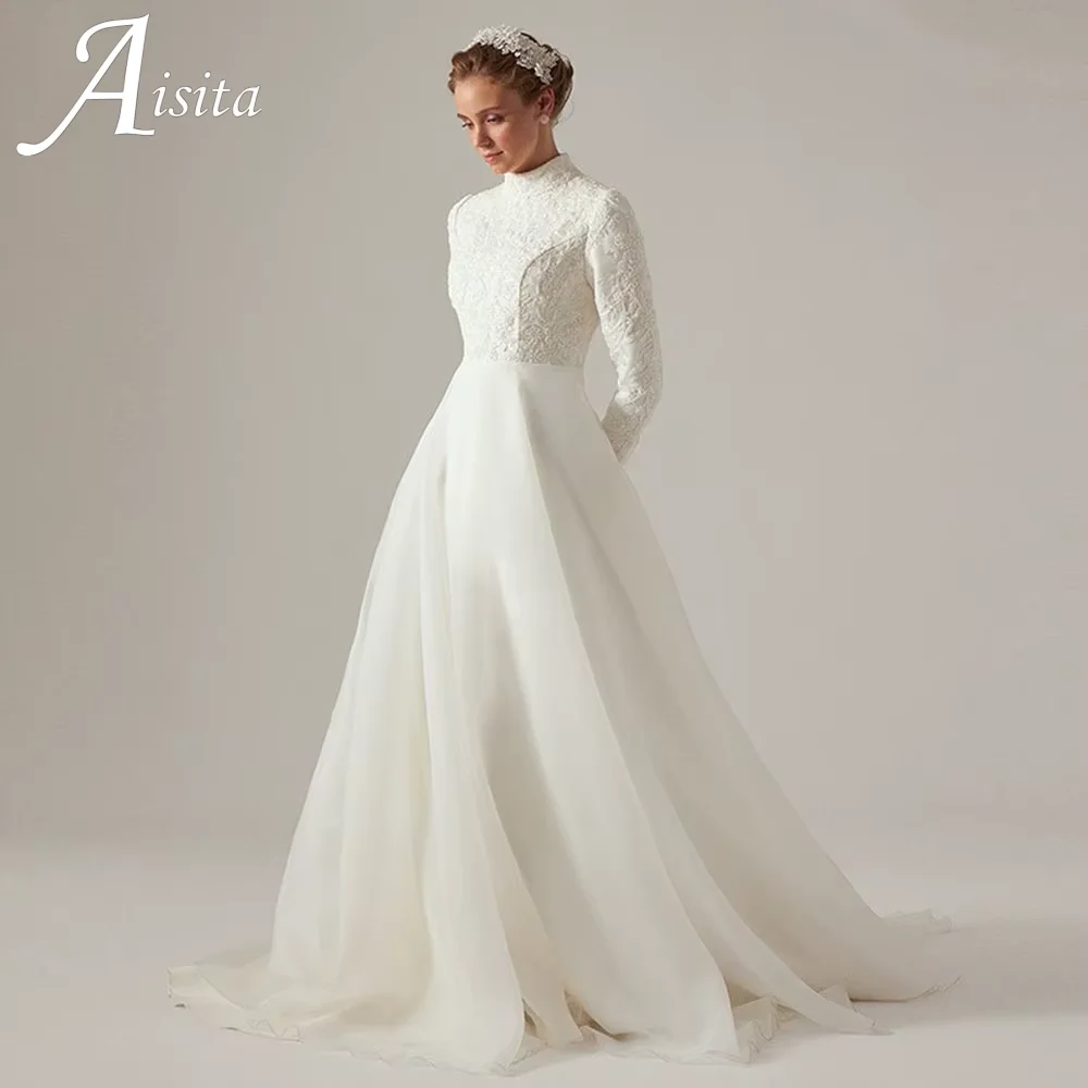 

vory High Collar A-line Wedding Dresses 2025 Vestido De Noiva Long Sleeve Bride Dress Vintage Princess Bridal Gown Customized