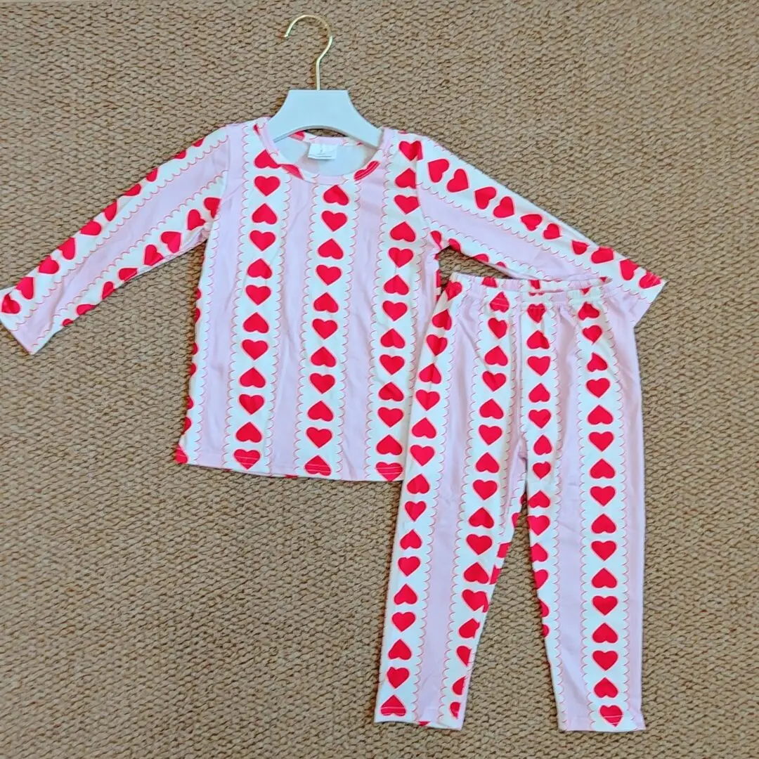 

9,15 детская зимняя одежда для девочек, одежда для маленьких девочек, рубашка в полоску с сердечками на день Святого Валентина, брюки, пижамные комплекты одежды