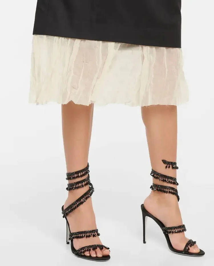 Women Thin High Heels Tassels Rhinestone Decor Sandalias Ankle Snake Shaped Strap Entanglement Sandals Summer Party Dress Shoes