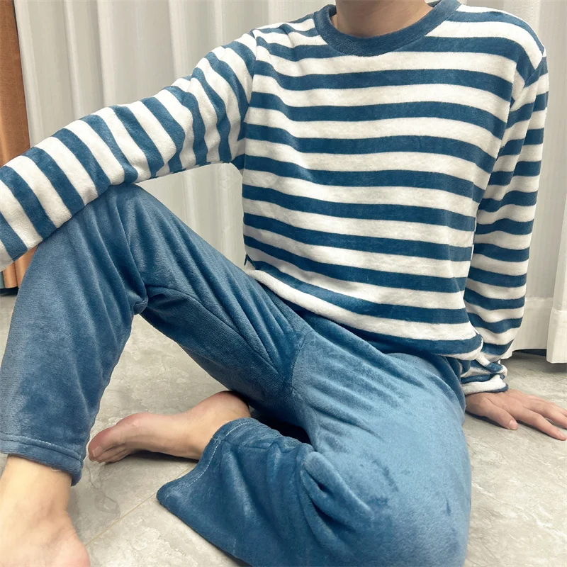 Korean Simple Crew Neck Design Pajamas Set for Men\'s 2024 Autumn Winter New Soft Men\'s Pajamas Long Sleeve Top & Pants Homewear