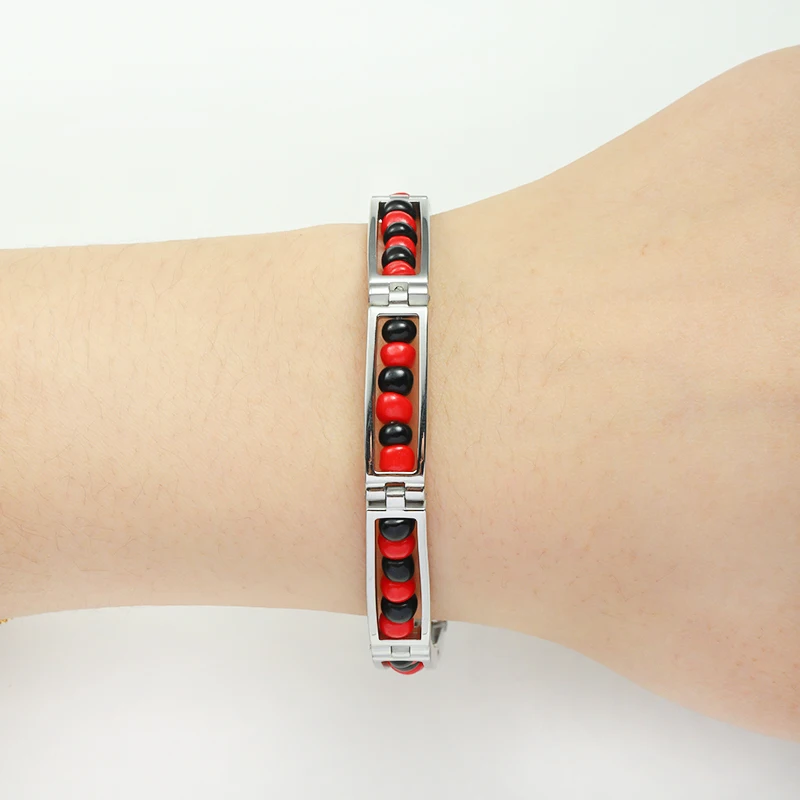 G&D 2023 New Exquisite Fashion Retro Arrival Stainless Steel Black And Red Color Bracelet Mix Beads Unisex Bangle For Women