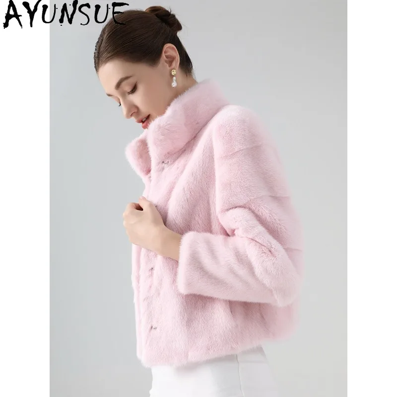 AYUNSUE معاطف الفرو الحقيقي للمرأة جواكت شتوية فاخرة امرأة الوردي ملابس خارجية معطف المنك كله ملابس امرأة Fourrures فام