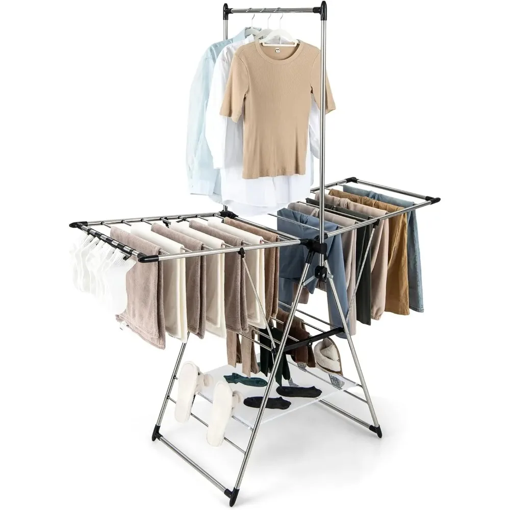 

Clothes Drying Rack, Foldable Laundry Drying Rack with with 6-Level Adjustable Height, High Hanger Design, Side Clips, S