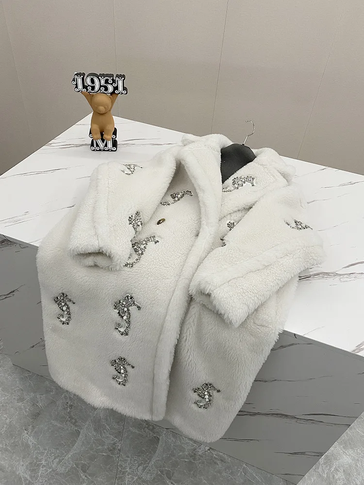 new same cream white seahorse teddy bear fur coat long alpaca wool autumn and winter coat