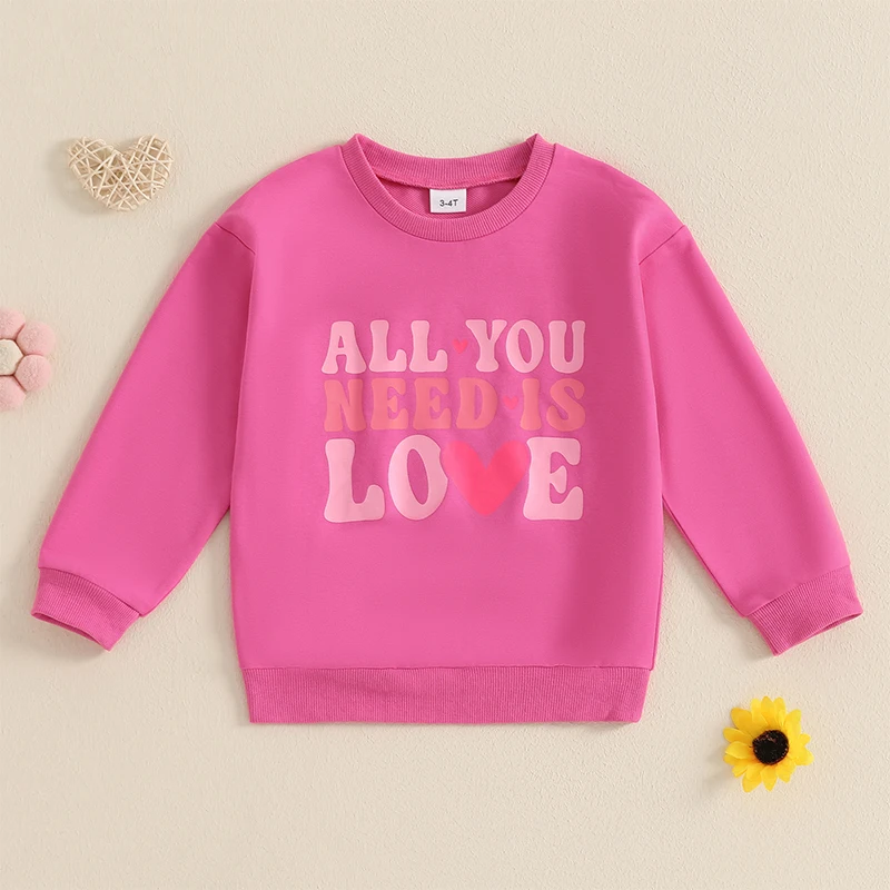 Sudaderas de San Valentín para niña, jerseys de manga larga con cuello redondo y estampado de letras y corazones, Tops de primavera