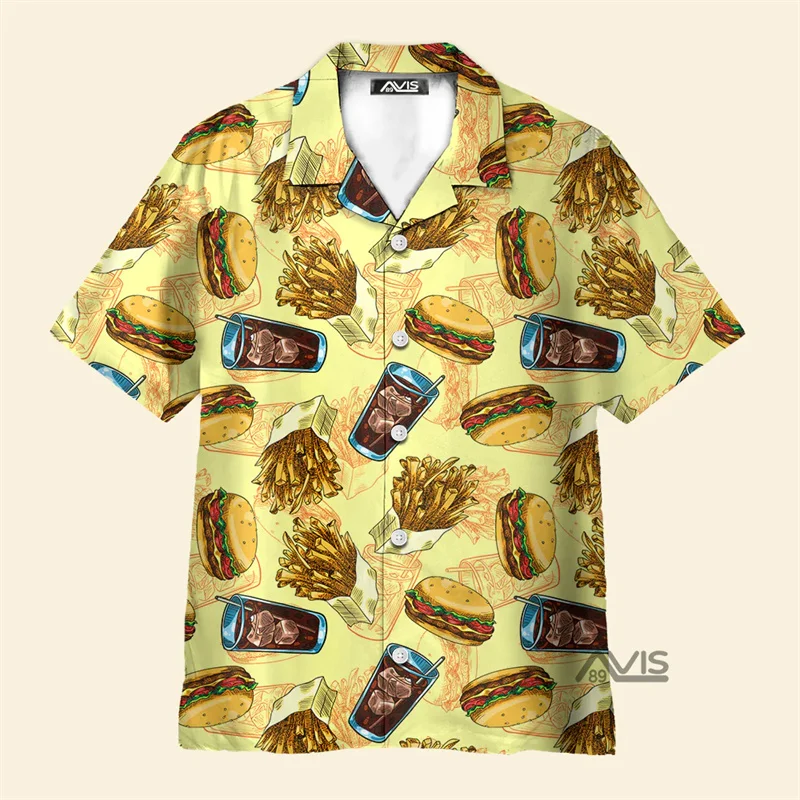 

2024 men's short sleeved high-end printed street party fashionable men's fun shirt plus size comfortable hamburger cola french