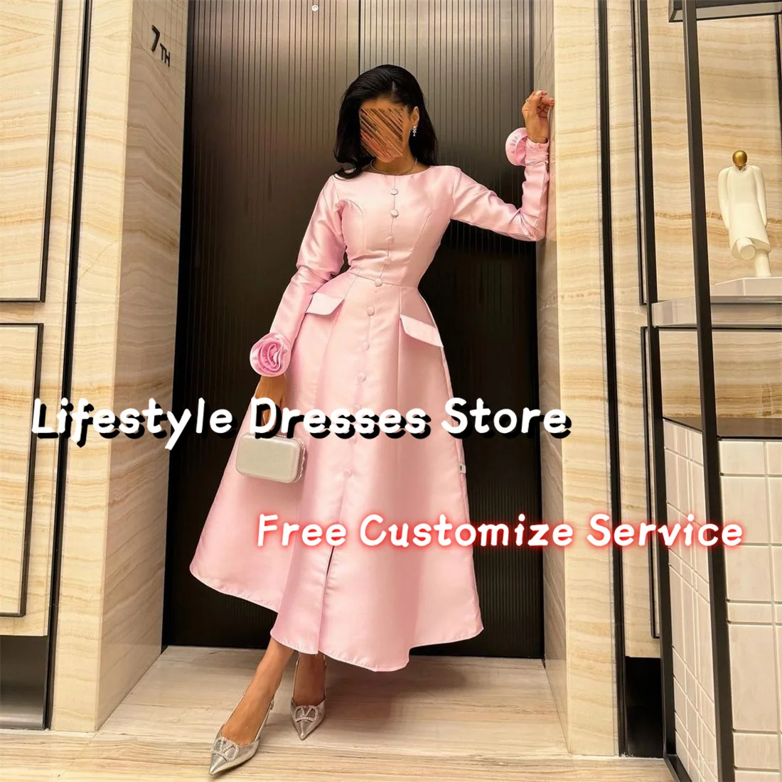 

Pink Satin Long Sleeves Buttons Formal Occasion Dresses A-Line Party Gown Flower Elegant Evening Dress 2024