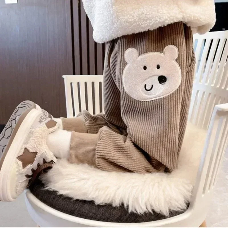 New Kids Pants Winter Baby Sweatpants Thicken Corduroy Boys Casual Pants Children Cartoon Bear Trousers Girls Warm Sport Pants