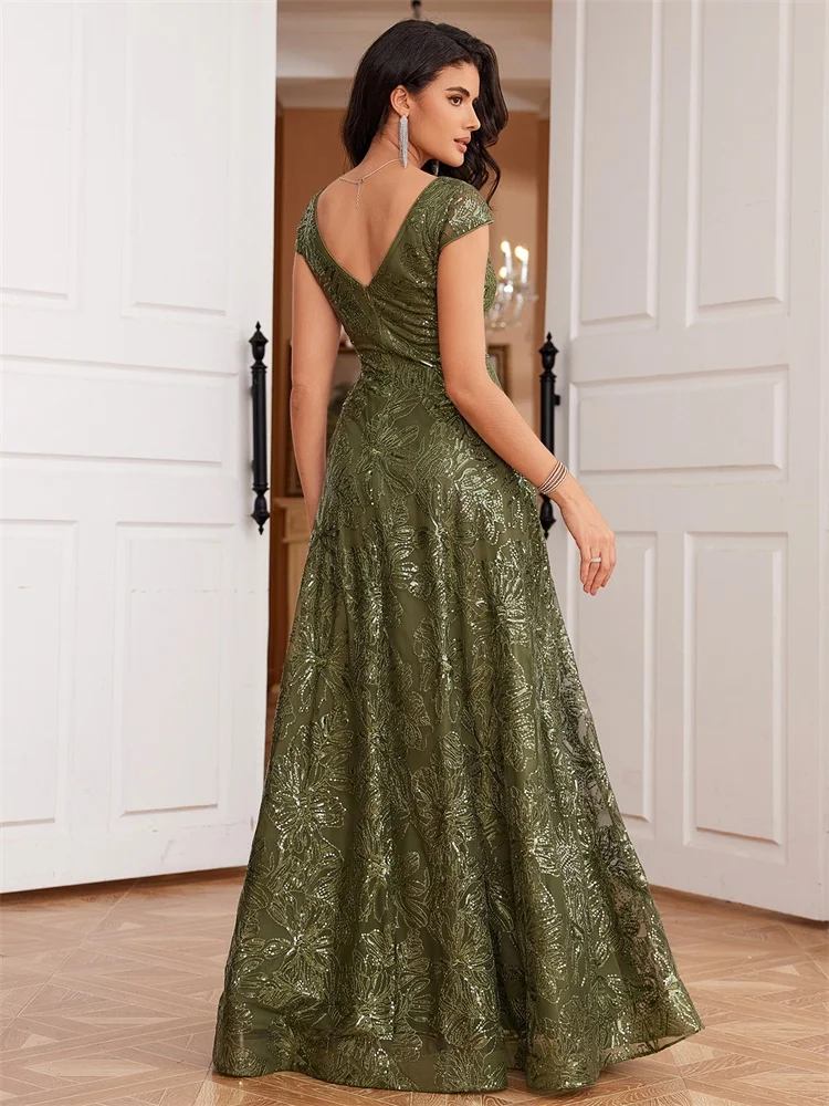 Lucyinlove New Luxury V-Neck Green Sequins Evening Dress Elegant Long Women V-back Wedding Party Long Prom Cocktail Dress Gowns