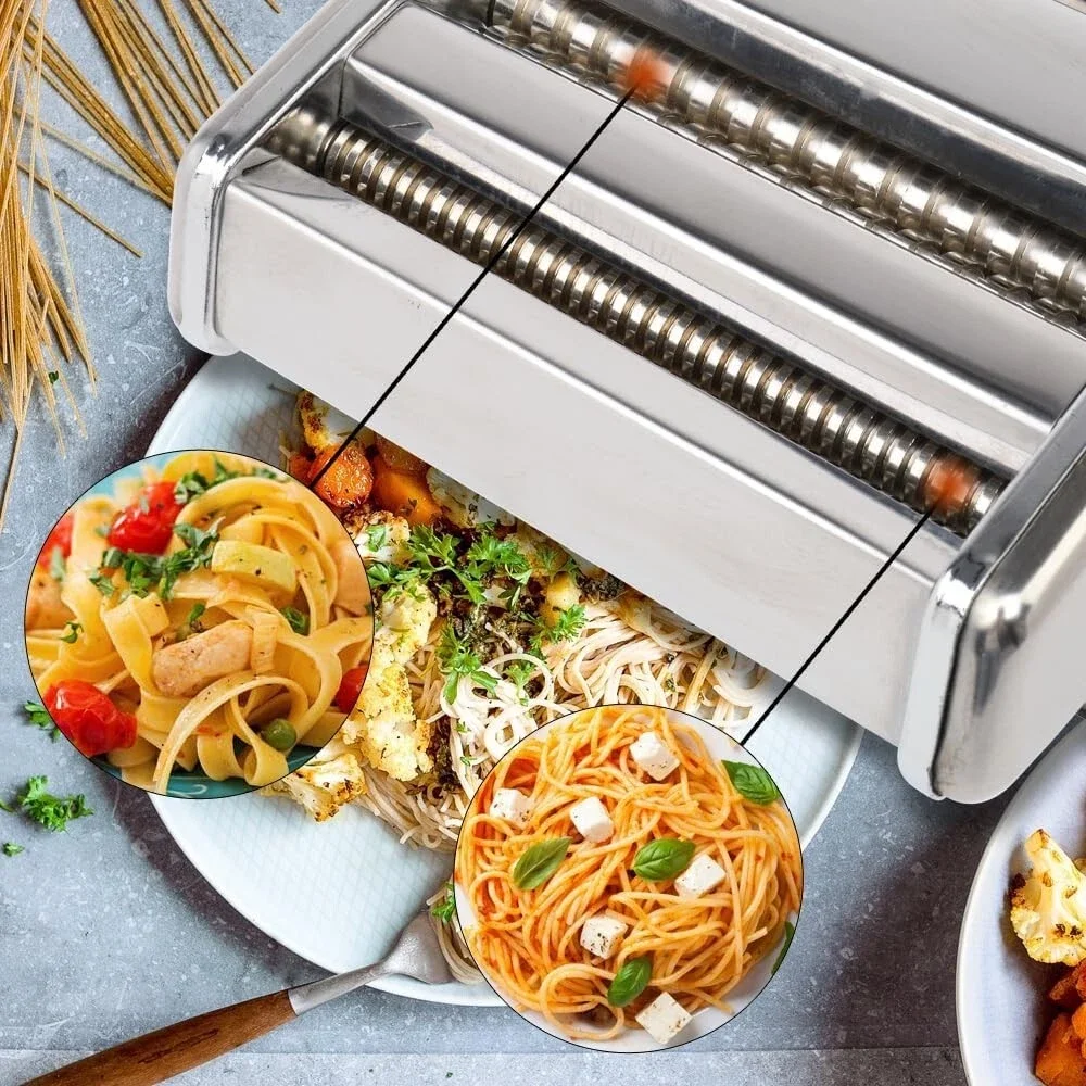 Pasta Maker Machine Stainless Steel Adjustable Manual Noodle Dumpling Press Two Cutters Spaghetti Fettuccini Lasagna Maker