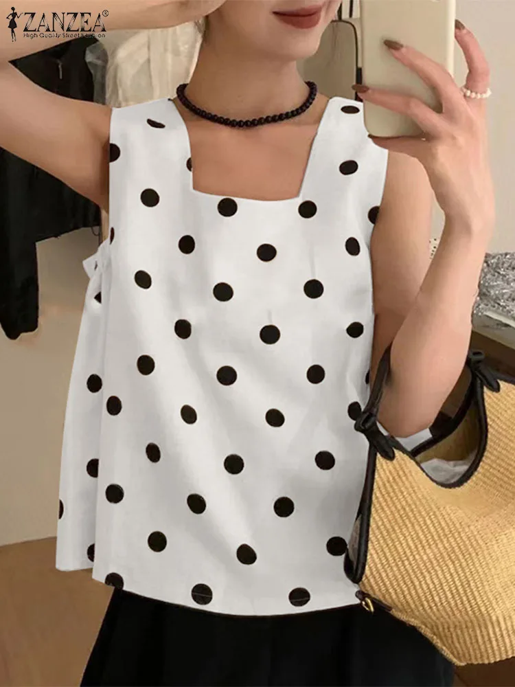 ZANZEA Fashion Holiday Tanks Tops Summer Polka Dot Camis Elegant Women Sleeveess Party Blouse Square Collar Office Work T-shirts