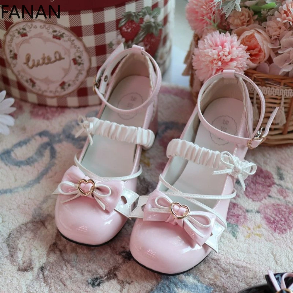 

Ballet Shoes Lolita Shoes Elegant Mid Heels Pumps Teen Student Cute Bow Mary Jane Shoes Platform Pink Breathable Flats