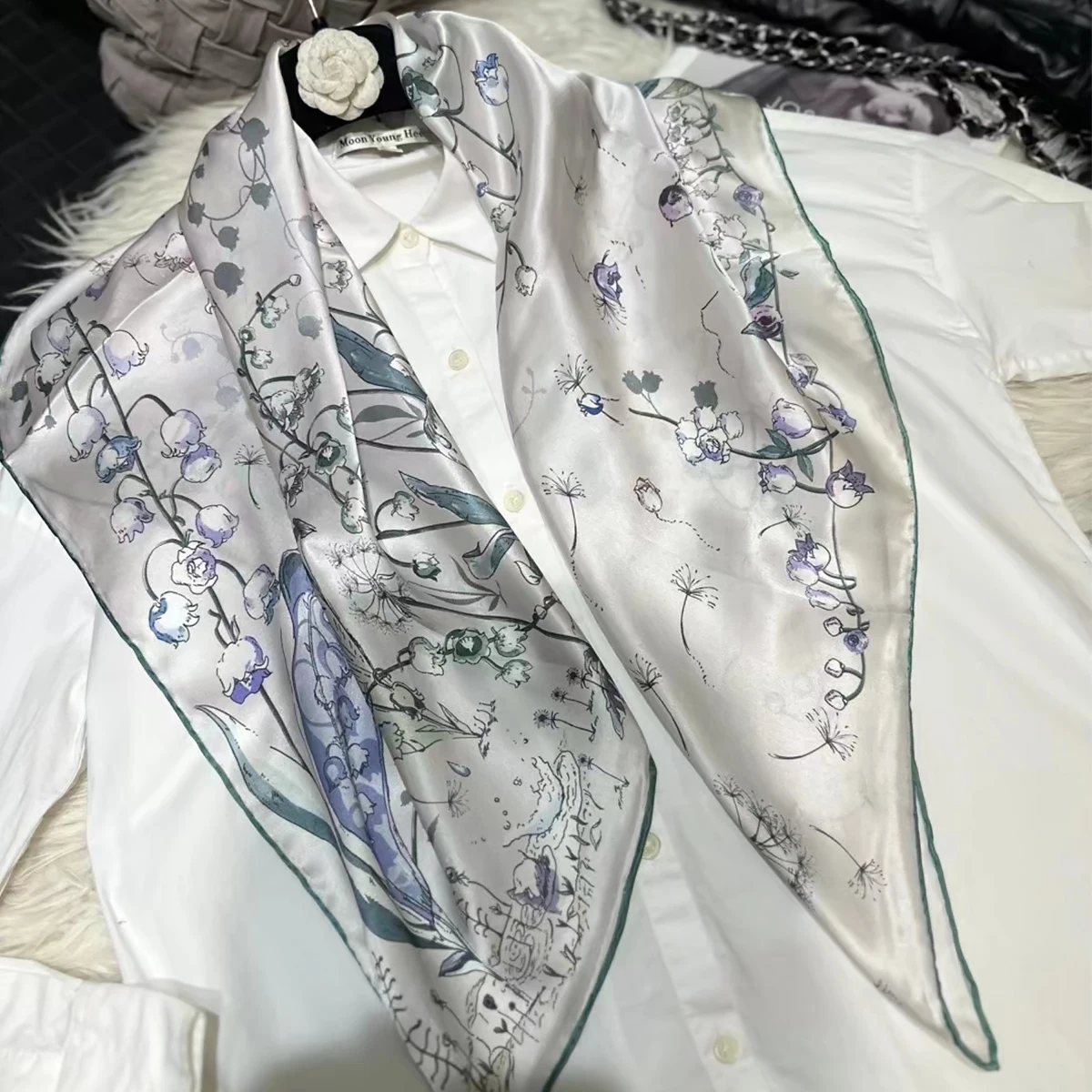 

BYSIFA|White Women 100% Silk Scarf Headscarf Fall Winter Floral Design Style Large Scarves Shawls Fashion Summer Beach Shawl