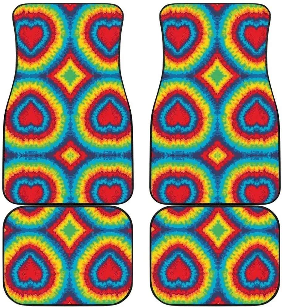 Tribal Rainbow Heart Shape Tie Dye Print Car Floor Mats Carpet for Women - Psychedelic Colorful Front & Rear Carpet Unive