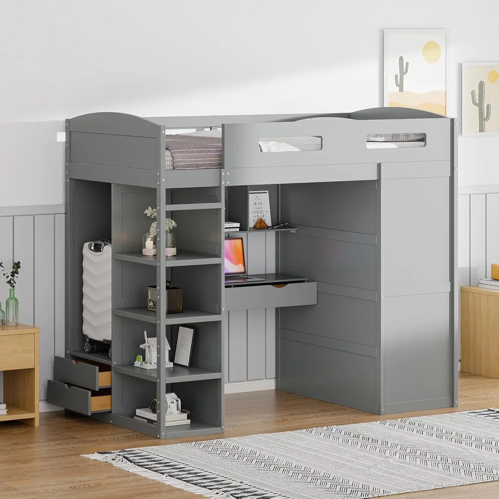 Loft Bed, Twin Loft Bed with Desk, Wardrobe, 4 Drawers and 4 Shelves, High Fence, Built-in Ladder, Space Saving, for Bedroom