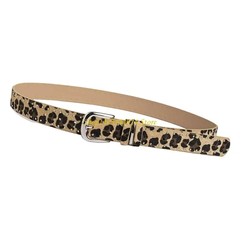 N5KE Edgy Women's Punk Rock Leopard Print Waist Belt Adjustable Strap For Jeans With Studded PU Leather