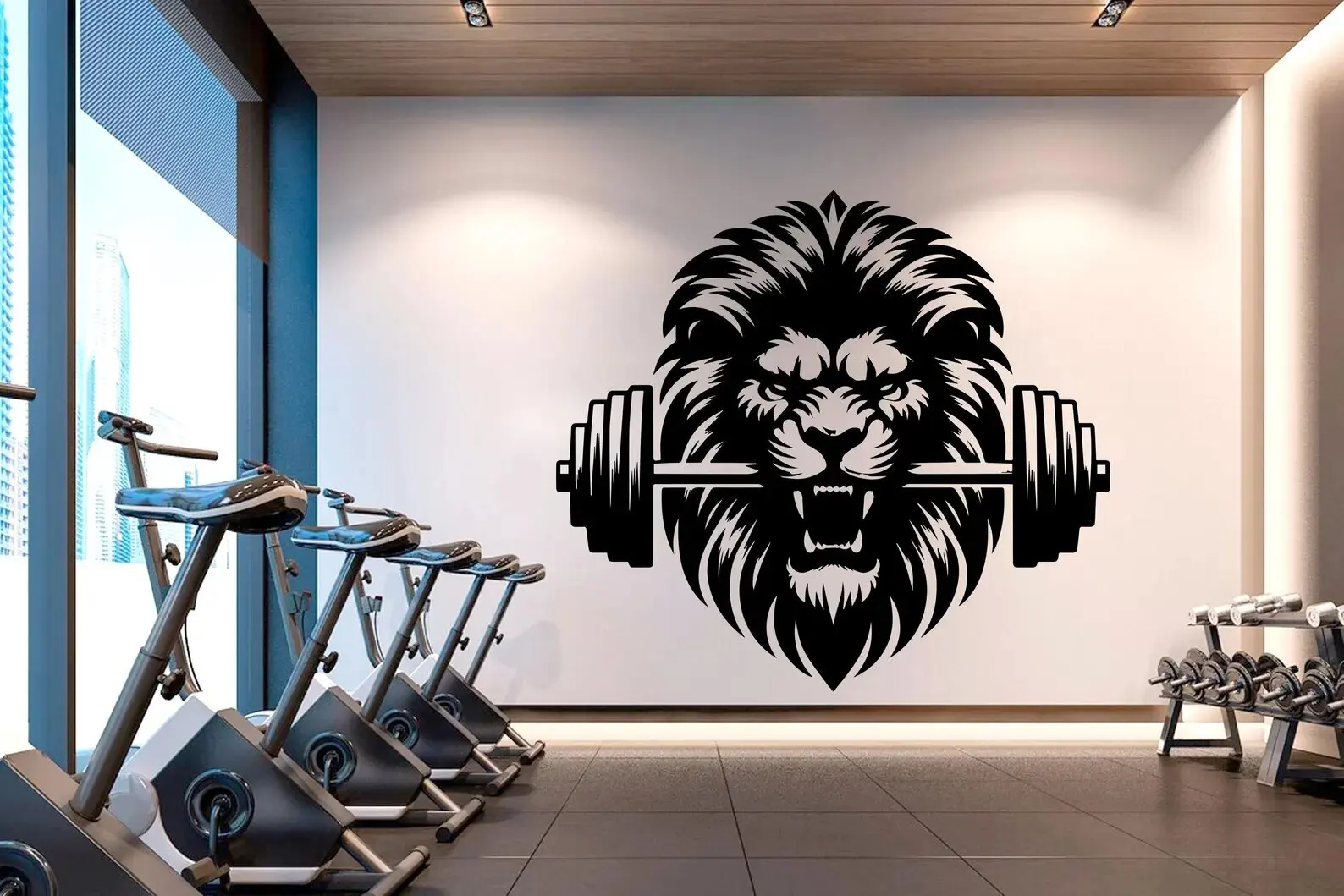 Powerful Lion Gym Wall Decal, Fitness Bodybuilding Motivational Wall Sticker, Barbell Lion Head Wall Art for Workout Decor E639