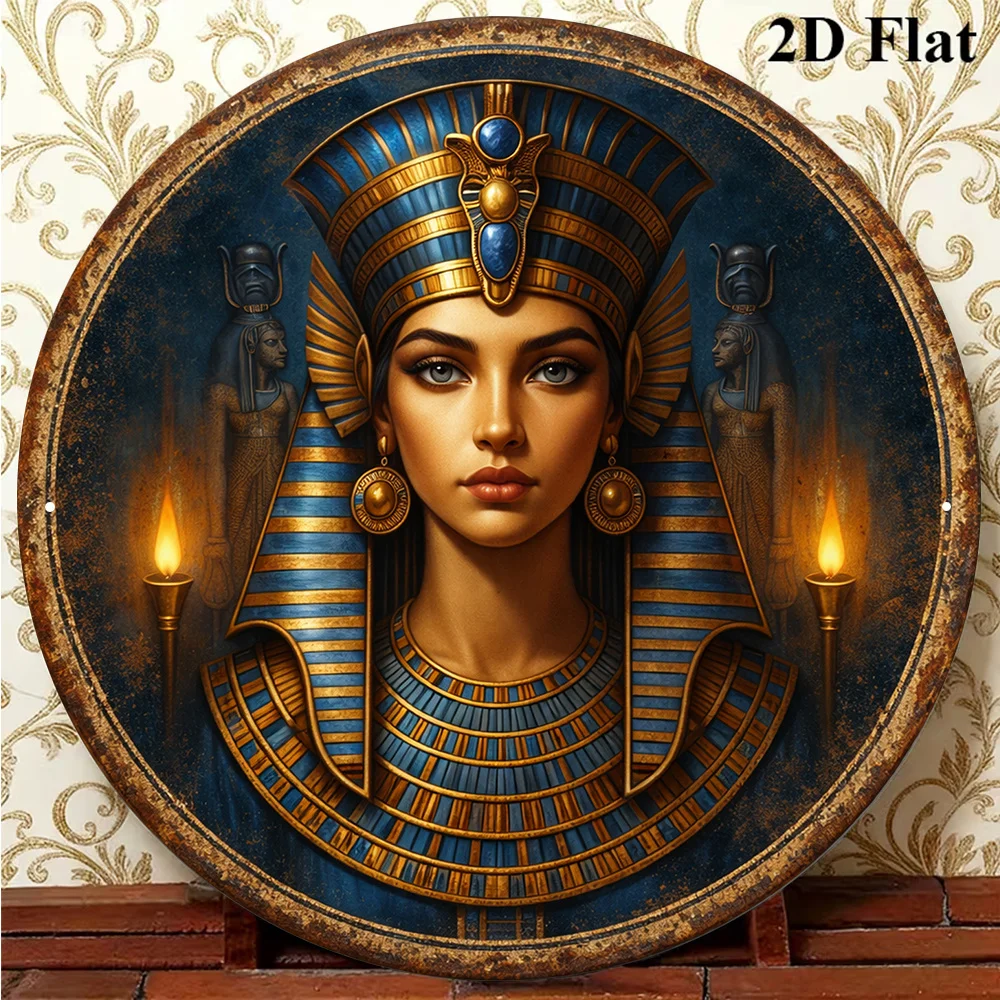 1pc 8*8In/20X20Cm 2D Flat Round Sign, Vintage Plaque about Cleopatra, Ancient Egyptian Queen Decorative Sign, Suitable for Bar D