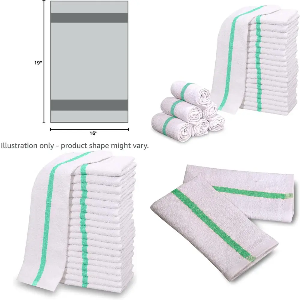

36-Piece White Cotton Blend Bar Mop Towels with Green Stripes for Restaurant Kitchen Use