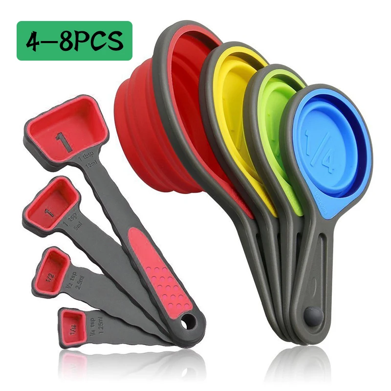 4/8Pcs Silicone Measuring Cup Measuring Spoon Collapsible Baking Measuring Tool Set for Coffee Flour Honey Sugar Baking Spoon