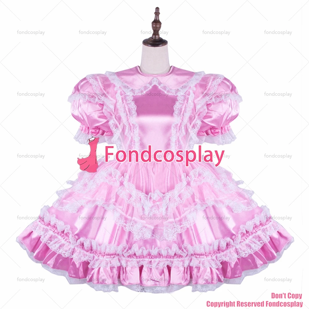 fondcosplay adult sexy cross dressing sissy maid lockable baby pink Satin dress Uniform Peter Pan collar CD/TV[G1580]