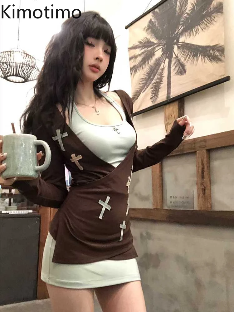 

Kimotimo Vintage Suits Women Y2k Short Halter Party Dress + V Neck Long Sleeve Patch Tees Sexy Korean Sexy Slim Fit 2 Piece Sets