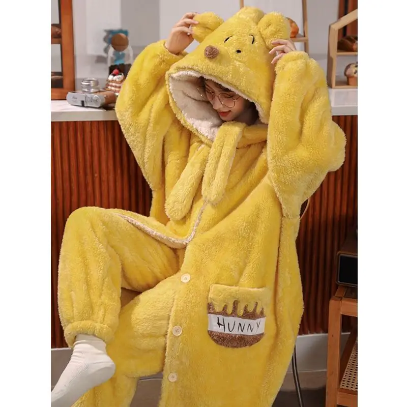 Women\'s Plush Fuzzy Pajamas Autumn and Winter New Winnie the Pooh Bear Robe and Pants Couple\'s Thickened Plush Household Suit